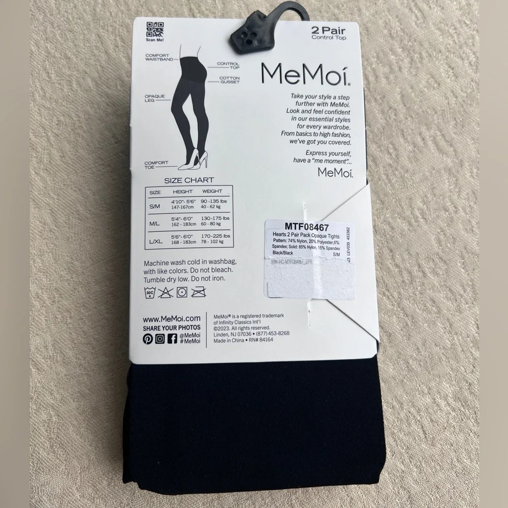 MEMOI 2 pair Control Top Opaque Tights size S/M black